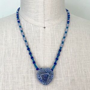 Hand-Knotted Millefiori Blue Heart Necklace 19” Nautical Hand-Blown Glass Beachy